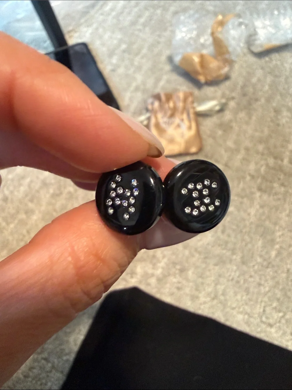 Chanel Black Round Button Earrings with Crystal Accents